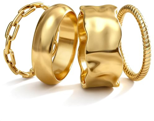 4 Stück Wasserfest Ringe Gold Stapelringe Damen 14K Vergoldet Ringe Set Chunky Dünn Daumenring Fingerring Damen Statement Promise Ring Gold Eheringe Verlobungsring 52mm(16.5mm),US=6 Golden