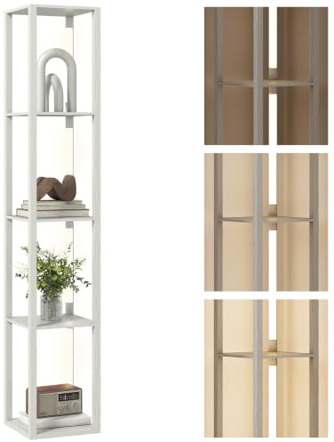 HOMCOM LED Floor Lamp with Shelves Dimmable Foot Switch Oak | Modern Standing Lamp, 3 Brightness Levels, for Living Room, Bedroom, Office