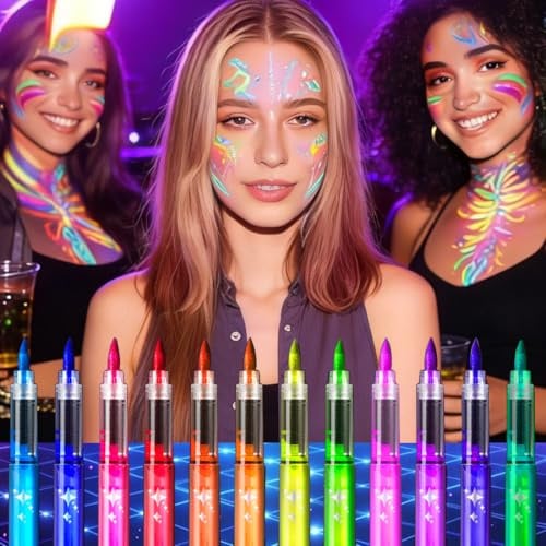 YAYNO 12 Couleurs Stylos de Peinture pour le Visage UV Fluo Marqueurs de Peinture Corporelle Phosphorescents Marqueurs de Tatouage pour La Peau Lavables,Festival, Lavables et Non Toxiques