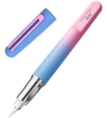 HERO 9338A Schulfüllhalter mit Magnetkappe, 0,38 mm extra feine Iridiumfeder, rosa-blauer Farbverlauf, Einsteigerfüller für Schule, Tagebuch, Kalligraphie und Geschenk