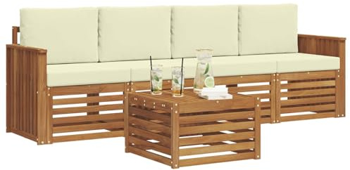 vidaXL Sofagarnituren 5 pcs Natur und Creme Massivholz Akazie, Moderne, langlebige Garten-Sofagarnitur, sectionale Möbel für Patio, Terrasse, entspannte Sitzgelegenheit