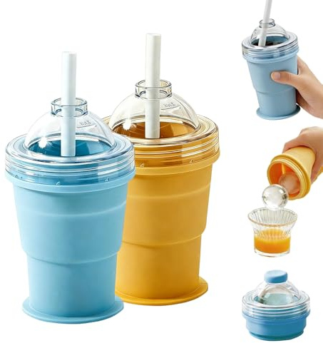 2 in 1 Eiskugelform & Becher, 325ml Faltbarer Eiswürfel Kugel Becher mit Strohhalm & Deckel, Silikon Eiswürfelform Kugel Einfaches Entformen für Eiskaffee, Whiskey, Saft & Sommergetränke (Blau+Gelb)