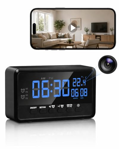 Skyinrill Spy Camera WiFi Hidden Camera Clock, 1080P Wireless Surveillance Camera with Tuya Smart App, Night Vision & Motion Detection, 5-Level Brightness, Dual Alarms & Temperature for Home/Office