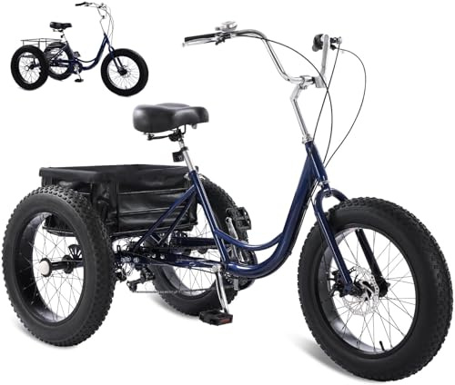 Dreirädriges Fatbike-Cruiser-Fahrrad für Erwachsene, 20'' x 4'', 7 Gänge, mit großem Einkaufskorb, für Damen und Herren, blau, für Haushalt, Urlaub und Ausflüge