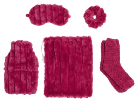 OHS Womens Gift Sets 5 Piece Ribbed Fluffy Hot Water Bottle Set, Berry | Cosy Gift Set Include 750ml Hot Water Bottle with Faux Fur Cover, Eye Mask, Fluffy Socks, Fluffy Scrunchie, Draw String Bag
