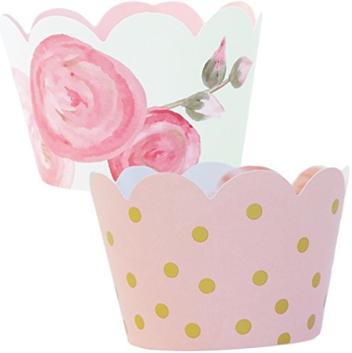 Pink Blush & Gold Floral Cupcake Wrappers - Bridal & Baby Girl Shower, Vintage Rose, 1st Birthday Party Decoration Supplies, Fairytale Princess, Romantic Wedding Dessert Holder, Graduation - 24 Count
