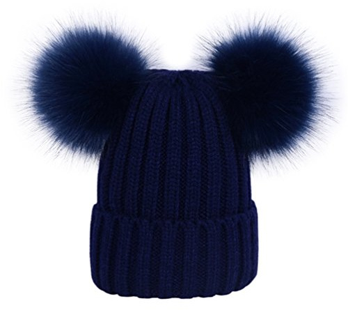 LAUSONS Warme Wintermütze für Damen Beanie Mützen Gerippte Strickmütze mit doppeltem Kunstfellbommel Marine