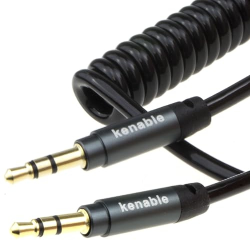 kenable Pro 22AWG Coiled 3.5mm Stereo Jack Cable AUX Headphone Lead Gold Plated 1m Black