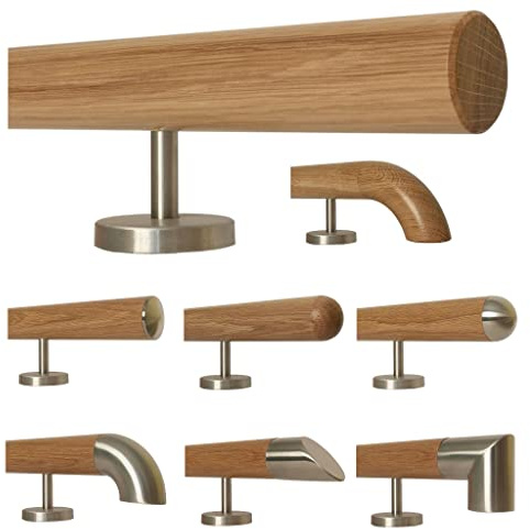TIBU Eiche Holz Handlauf Geländer 0,3m - 6m, Länge 120 cm, Ende gefast und 2 gerade Halter