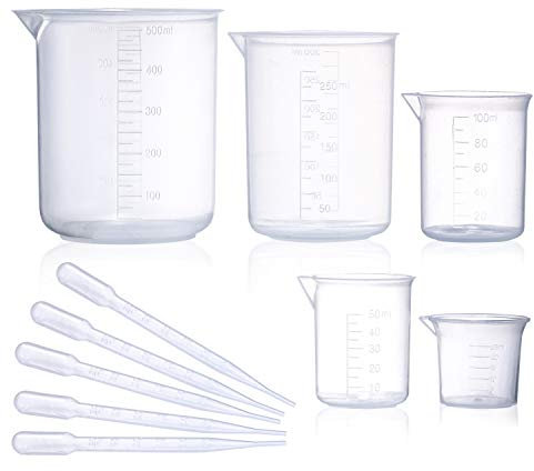 Plastic Beaker Set, 5 Sizes Low Form Measuring Graduated Griffin Polypropylene Beakers in 500 ml, 250 ml, 100 ml, 50 ml, 25 ml for Laboratory, & Science Experiments with 5 Plastic Droppers in 3 ml