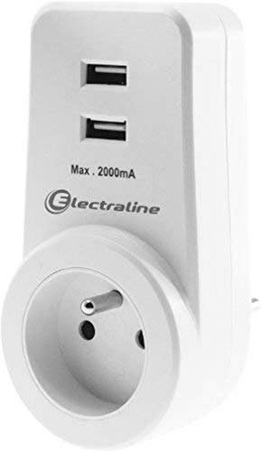 Electraline 70068 Adapteur Fiche Multiprise Triplite | 1 Prise 16A + 2 USB Charge Rapide 3.4A, Blanc
