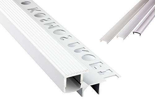 T-40 LED Alu Fliesenprofil Treppenprofil Stufen 12mm weiss + Abdeckung Abschlussleiste Fliesen für LED-Streifen-Strip 1m opal