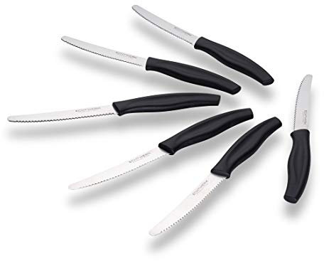 ECHTWERK cuchillo de pan/cuchillo de desayuno, de acero inoxidable con filo de sierra, adecuado para panecillos, baguettes, frutas firmes y pasteles, mango ergonómico de plástico, Negro, 6 pzas.