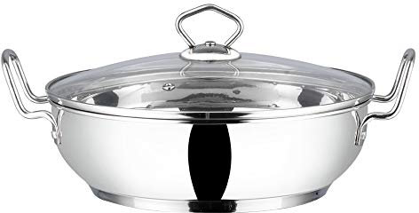 Vinod Stainless Steel Kadhai – Tempered Glass Lid – Induction Friendly Wok(20cm/8 Inch) – 2 Liters(2.1 Quarts) – 8.5 Cups – Multi-Use Pot – Suitable For Indian Cooking, Sauce, Deep Fry, Stew