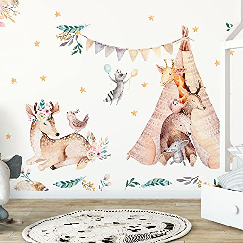 Kinder Wandaufkleber - Babyzimmerdekoration - Kinder Wandaufkleber - Bukolische Waldtiere Wandaufkleber - Riesentier Wandaufkleber - H135 x B120 cm