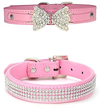 MiaLover 2 colliers réglables pour chien en cuir pailleté pour petits chiens et chats, décoration pour chien, deux styles (rose)
