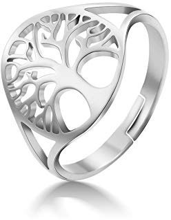 Dreamtimes Baum des Lebens Hohler Ring Hochglanzpolierter Edelstahl Hohler Ring Öffnung Einstellbar Einfaches Rundes Design Modeschmuck Ehering Wikinger Glücksring für Damen und Herren (Silber-)