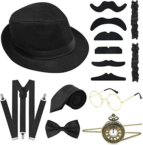 ELECLAND 10-teiliges 1920er Jahre Herren Kostümzubehör Set Roaring Retro Gangster Kostüm, Hut, Fliege, Taschenuhr, Hosenträger, Brille, Bart, Armband, Strumpfbänder, Taschenuhr (Black)