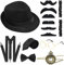 ELECLAND 10-teiliges 1920er Jahre Herren Kostümzubehör Set Roaring Retro Gangster Kostüm, Hut, Fliege, Taschenuhr, Hosenträger, Brille, Bart, Armband, Strumpfbänder, Taschenuhr (Black)