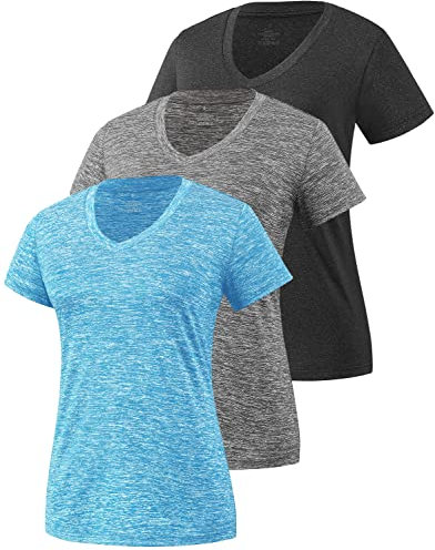 Star Vibe 3 Pack Women's Short Sleeve Dry Fit T-Shirts Moisture Wicking Athletic V-Neck Gym Tee Exercise Yoga Tops Black/Gray/Blue L