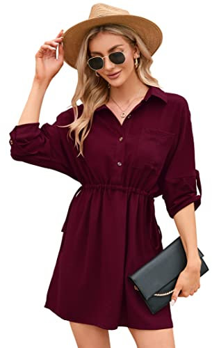 KOJOOIN Damen Tunika Kleid Langarm Blusenkleid kurz V-Ausschnitt Hemdkleid Casual 1/2 Ärmel Minikleid Freizeitkleid mit Knöpfe (Verpackung MEHRWEG), A-Weinrot, M