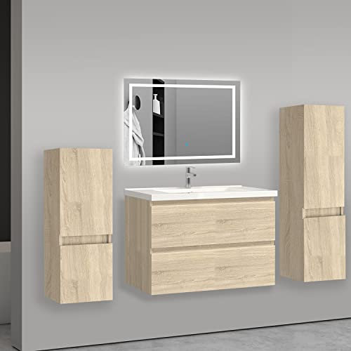 AICA sanitaire Ensemble de Meuble de Salle de Bain chêne Clair 79cm+Vasque+Miroir+Colonne Meuble Salle de Bain-Armoire de Rangement-Meubles-lavabos