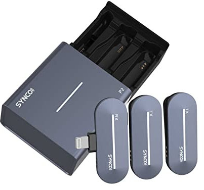SYNCO P2L Lavalier Mikrofon 2,4 G Drahtloses Mikrofonsystem mit 2 * Sendern + 1 * Mini-Lightning-Empfänger + 1 * Drahtlosem Ladekoffer 150 m Reichweite Eingebauter Akku für iPhone iPad (Steinblau)