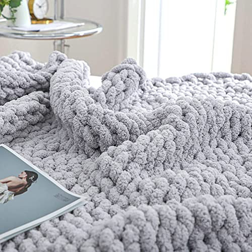 Grobstrickdecke, Überwurf, 40x80 cm, weiches Chenille-Garn, riesige, gestrickte Überwurfdecke, große Strickdecken, klobig, dicker Zopfstrick-Überwurf, großer Seilknoten, Bett, Sofa (hellgrau)