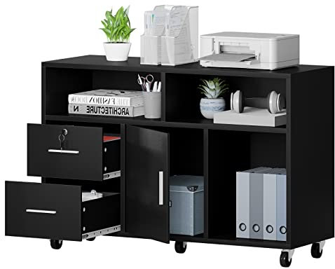 YITAHOME Mobile Filing Cabinet with 2 Drawers, Rolling Filing Cabinet for Home Office, Wood Storage Cabinet for A4, Letter Size Documents, Printer Table with Open Compartments Lock and Wheels, Black