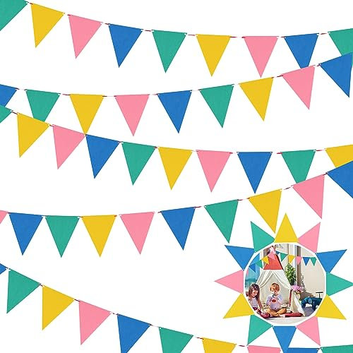 Powmag Wimpelkette Outdoor, Wimpelkette Bunt 12m, 5 Stück Wimpel Girlande mit 60 Pcs Farbenfroh, Bunting Banner, Wimpelkette Stoff für Kinderzimmer Hochzeits Geburtstag Party Dekoration