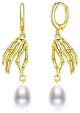 Schädel Ohrringe Sterling Silber Skelett Hand 18 Karat Gelbgold Plattiert Dangle Ohrringe mit Perlen Gotik Schädelschmuck Geschenke für Damen