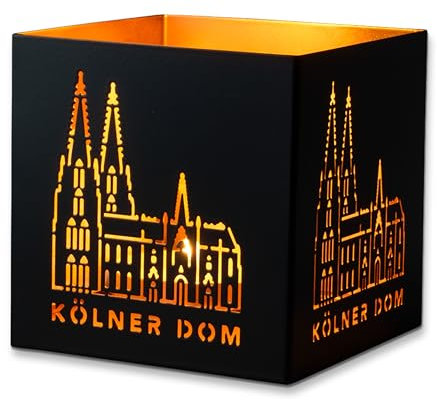 3forCologne Windlicht Laterne Kölner Dom | Metall Windlichter außen schwarz innen gold | Schöner Deko-Kerzenhalter für Stumpenkerzen und Teelichter für drinnen oder draußen.