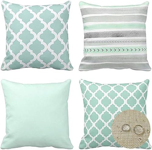 Wasserdichte Kissenbezugen 4er Set 80x80cm Dekorative Outdoor Kissen Wasserfest Atmungsaktiv Graue Streifen Platz Leinen Kissenbezüge für Sofa wohnzimmer Garten Outdoor Dekor Kissen Minzgrün W-6291