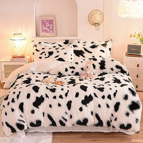 ZIQINPSQ Zotteliges Plüsch-Bettwäsche-Set, Batik-Kunstfell-Bettwäsche-Set für Teenager und Mädchen, weicher Samt, flauschig, flauschig, Bett-Set (Kuh, Einzelbett)
