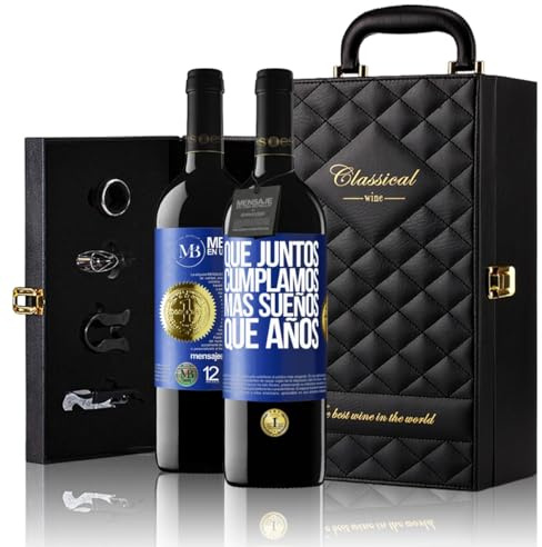 «Que juntos cumplamos más sueños que años» Mensaje en una Botella. Estuche-Maletín de LUJO 2x Vino Tinto Premium Reserva 12 Meses y Set de 4 Accesorios. Etiqueta Azul PERSONALIZABLE