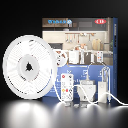 WOBANE COB LED Strip Light Dimmbale,3m 12V LED Kitchen Lighting,960 LEDs,1500 Lumens,Super Bright,Flexible Tape Lights for Mirror,Desk,Workbench,Vanity,DIY Lighting,CRI90+,White 6000K
