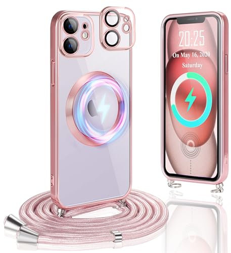 Ptny Funda Magnética para iPhone 11 con Cordón, Compatible con MagSafe, protección Completa de Lente de cámara, Carcasa Transparente de Silicona con Glitter Funda con Cuerda, Oro Rosa