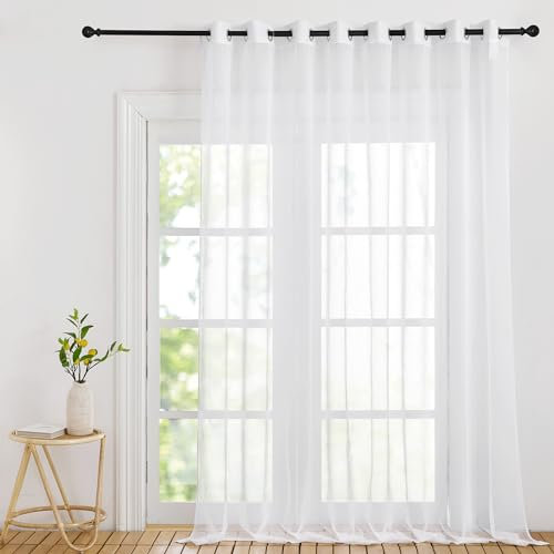 PONY DANCE Extra Breite 300 cm Transparente Gardine mit Ösen Weiß 1er Set Raumteiler Vorhang Leinenoptik Ösenvorhang Voile Gardinen für Große Fenster Durchsichtige, H 245 x B 300 cm, Weiss