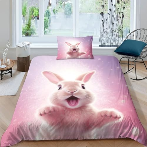 AAIRRA Bettbezug Set Pink Hase Bettwäscheset 3D Druck Mikrofaser Bettbezug Mit Kissen,Niedliches Kaninchen Steppdeckenbezug 2 Stück,Reißverschluss,Weich Für Mädchen Und Jungen Single(135x200cm)