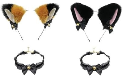 EUPSIIU 4 Stück Katzenohren Haarreif, Cat Ears Stirnband Glöckchen Halskette Katze Cosplay, Katze Fuchs Fuchsohren Stirnband, Katze Ohr Haarband Haarschmuck für Frauen Mädchen Cosplay Kostüm (4PCS)