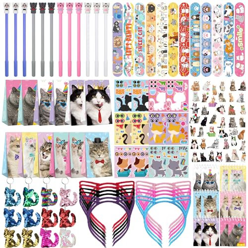 Lot de 139 faveurs de fête chat - 12 autocollants - 12 bracelets - 12 oreilles - Bandeau - 12 animaux - Mini bloc-notes - 12 stylos pour le visage - 12 porte-clés - 12 sacs de complaisance - 42