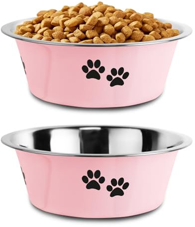 Stainless Steel Dog Bowls, Nonslip Rubber Bottom No Spill Proof Skid Metal Insulated Dog Bowls for Large Medium Small Breed Dogs (Pink, 3.6 Cups/29 OZ)
