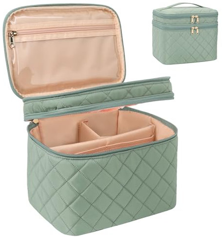Twofold Large Makeup Bag Cosmetic Bags for Women 2 Layers Make Up Travel Bag Black Makeup Bag Organiser with Compartments Storage Case with Dividers, Green