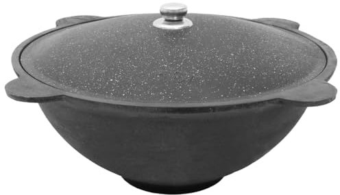 FlameFusion Kazan Topf aus Gusseisen mit Deckel, für Utschak geeignet, Outdoorküche Gulasch Kanone Kasan (12 Liter - flacher Boden)