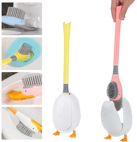 2 Pack Silicone Toilet Brush Bathroom Silicone Toilet Brushes and Holder Sets Diving Duck Toilet Brush for Motorhomes, Bathroom, Creative Toilet Brush with Storage (Yellow+Pink)