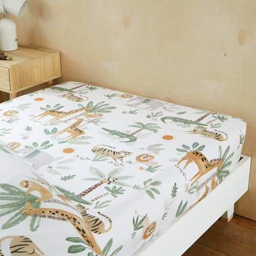 Happy Linen Company Spannbettlaken für Einzelbett, Motiv: Dschungel-Safari-Tiere, Elfenbeinfarben