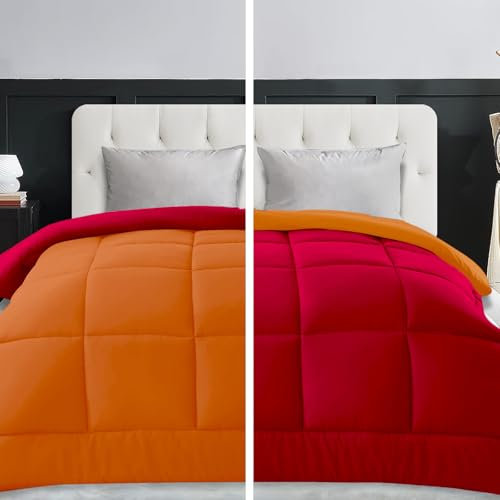 Trapunta Invernale Matrimoniale 260x260, Piumone Caldo Letto Autunno Inverno Tinta Unita Double-Face Imbottita Morbida Microfibra Modello Giuditta Quattro Stagioni Bicolore Arancio&Rosso, Matrimoniale