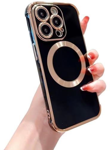 Kaywzo Antichoc Coque pour iPhone 16 Pro Max,Housse Étui en Brillant Silicone Galvanisé Compatible avec Magsafe,Protection Renforcée Aux 4 Coins,Femmes TPU Case Cover,Noir