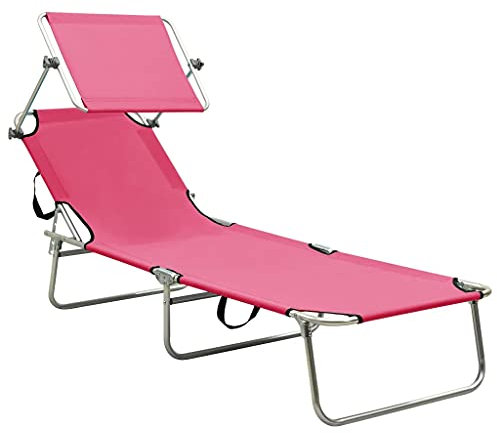 HETFTJN Fauteuil de relaxation de jardin - Chaise longue pliante avec toit pare-soleil en acier rose - Pour camping, extérieur, jardin, balcon