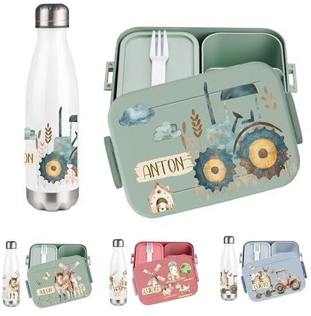 wolga-kreativ Personalisiertes Set Mepal Frühstücksbox und Trinkflasche Farm Bauernhof Traktor für Jungen und Mädchen - Bento Lunchbox mit Fächern und Unterteilung Geschenk Schule Kindergarten